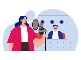 Woman recording song in music studio. Music studio Illustration.