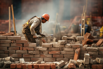 construction worker building brick wall on construction site