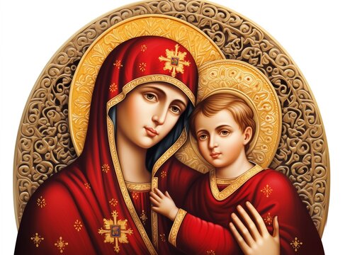 Madonna and child, Virgin Mary and Jesus Christ infant, Mother and newborn, maternity, nativity, birth and childhood of the savior, maternal love, key traditional figures of christianity, red and gold