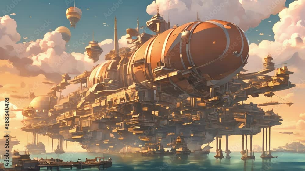 Poster approach floating city, cant help mesmerized sight massive airships floating platforms continually m