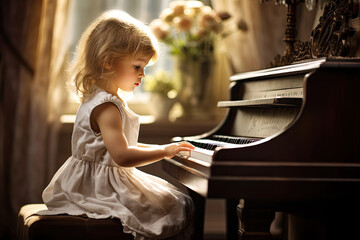 a little girl play piano at home - obrazy, fototapety, plakaty