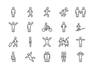 Set of people line icons. Person walking, running, jumping, dancing. Vector illustrations. Editable strokes