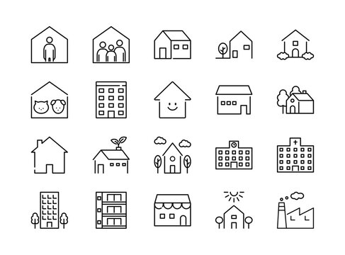 Set of building line icons. House, apartment, school, hospital and factory. Vector illustrations. Editable strokes