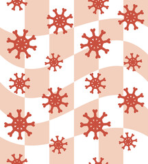 Vector seamless pattern of groovy retro snowflakes isolated on chessboard background