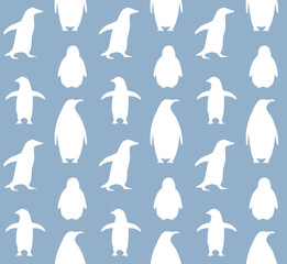 Vector seamless pattern of hand drawn flat penguin silhouette isolated on blue background