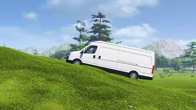 Delivery van in the remote village. Express delivery, shipping and logistics concept. 3d video animation

