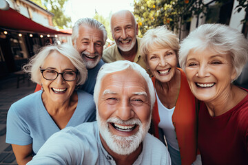 Happy smiling senior people taking selfie together - obrazy, fototapety, plakaty