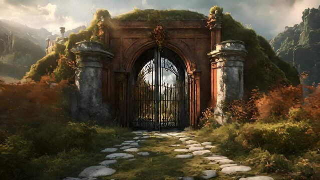 approach Shrouded Observatory, rusty gates creak open reveal crumbling pathway leading main building. oncegrand structure covered moss vines, fitting backdrop shapes 2d animation