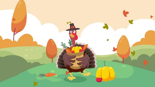 Happy thanksgiving day background animation. Thanksgiving Turkey Bird Cartoon Character Running on autumn background. Motion graphic