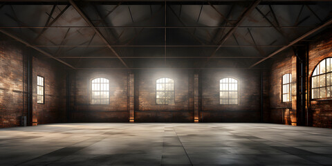 An empty old warehouse with an industrial loft style, featuring a brick wall, concrete floor, and black steel roof structure,
