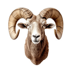 Wall mounted, stuffed mountain ram head with curled big horns isolated on transparent background, hunting trophy with big horn
