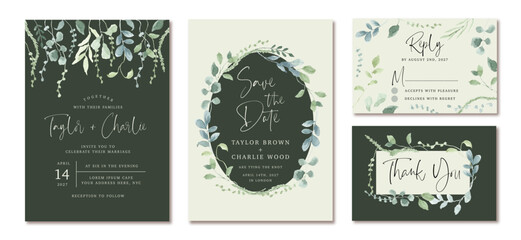 Fototapeta na wymiar wedding invitation set with green leaves watercolor