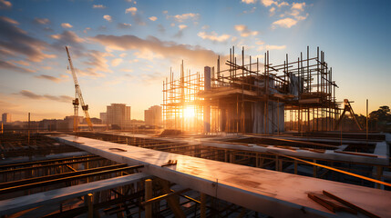 Large residential buildings are constructed at the construction site, where structural steel beams are assembled under the sunset,