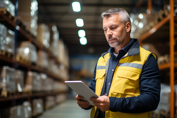 A middle-aged man stands in a warehouse with a tablet computer, checking the statements for the presence of goods, as part of warehouse accounting and bookkeeping, - obrazy, fototapety, plakaty