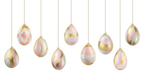 Pastel color golden speckled painted Easter eggs hanging on golden strings isolated cutout on transparent