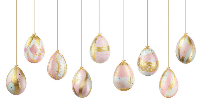 Pastel color golden speckled painted Easter eggs hanging on golden strings isolated cutout on transparent