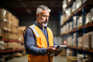 A middle-aged man stands in a warehouse with a tablet computer, checking the statements for the presence of goods as part of warehouse accounting and bookkeeping, - obrazy, fototapety, plakaty