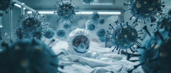 Scientist wearing protection mask and equipment surrounded by many Coronaviruses floating inside a hospital research lab - obrazy, fototapety, plakaty