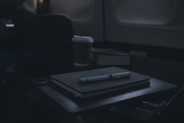 Attractive Asian female passenger of airplane sitting in comfortable seat while working laptop and tablet with mock up area using wireless connection. Travel in style, work with grace.