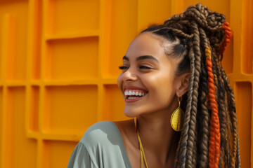 Beautiful young brown woman with big spontaneous smile, black long braids, golden jewels earrings necklaces, orange background, sunlight, happy, colorful, afro ethnic style, vivid radiant, fashion