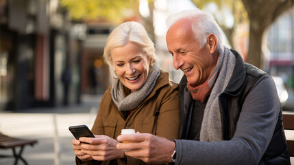 Elderly Couple Learning to Use a Smartphone Together in a Modern City Setting