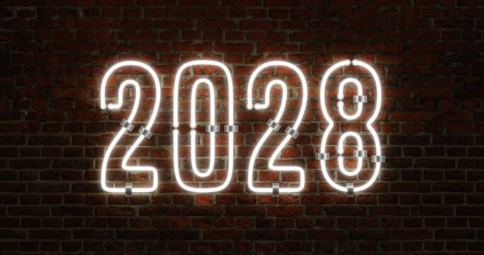 3D 2028 Happy New Year Neon Light Flickering Animation Shining Over a Brick Wall Background