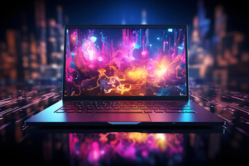 Neon-colored laptop futuristic illustration for modern projects, cover backgrounds, and wallpapers about computer technology,