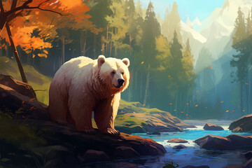 painting style landscape background, a bear in the forest - obrazy, fototapety, plakaty