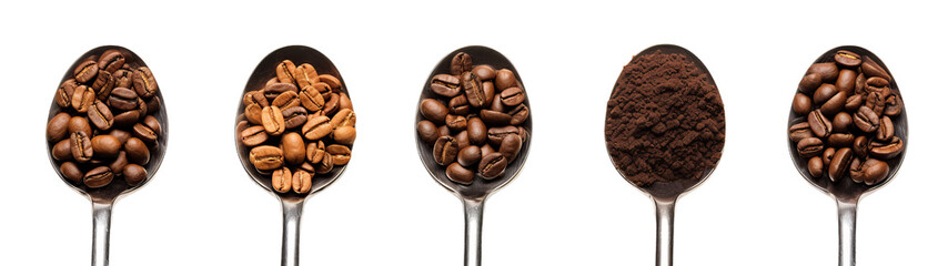 A group of spoons with coffee beans