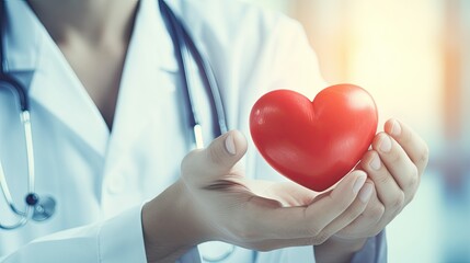 Doctor holding a red heart at hospital office. Medical health care and Health insurance or love concept