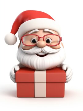 Cool funny 3D cartoon of smiling Santa Claus character holding a red gift box, PVC or plastic toy festive figurine, fun father Noel , Christmas decorative object, close-up face with glasses