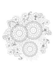 Doodle floral drawing. Art therapy coloring page.A coloring page of monochrome flowers for an adult coloring book.Black and white flower pattern for adult coloring book. Doodle floral drawing. Art the
