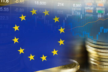 Stock market investment trading financial, coin and EU flag or Forex for analyze profit finance business trend data background.