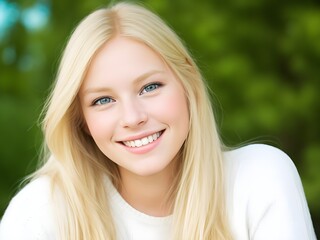 portrait of a woman smiling face blue eyes on white background