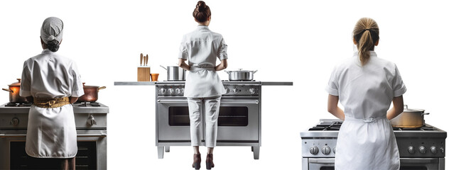 Three female cooks in their kitchen with pots and pans and their stove