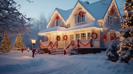 House decorated with lights for Christmas It's snowy outside.