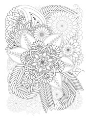 Doodle floral drawing. Art therapy coloring page.A coloring page of monochrome flowers for an adult coloring book.Black and white flower pattern for adult coloring book. Doodle floral drawing. Art the