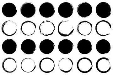 Set of grunge circle brush strokes. Black round frames. Vector illustration. EPS 10.