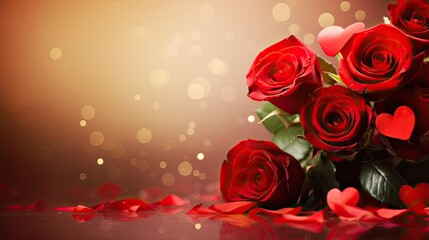 red roses and heart on the table, bokeh background