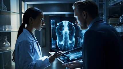 Doctors discussing and examining patient's x-ray films, MRI, CT, hospital background, medical technology photo