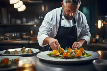 A master chef expertly prepares and presents a delicious gourmet dish to customers in a 5-star Michelin restaurant kitchen, with close-up detailed precision,