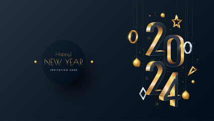 Happy New Year 2024 3d text invitation. Gold number 2024 typography greeting card design on dark background. Vector holiday composition of numbers. - obrazy, fototapety, plakaty