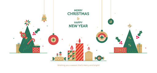 New Year and Christmas greeting card design in geometric style. Vector illustrations for holiday decoration graphic with christmas tree, candy, gift.