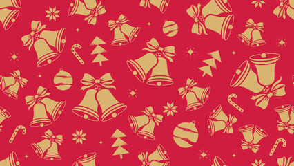 Christmas seamless pattern decorations with christmas tree, bells and balls. Vector illustration gold and red colors