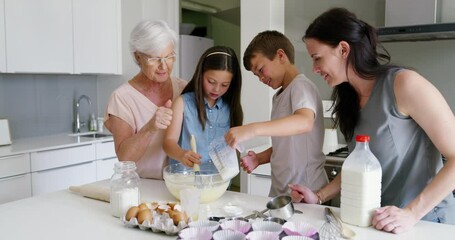 Family, learning and baking or cooking in kitchen with instructions, how to and child development in home. Children, women or happiness with food education, support and care for dessert or cake