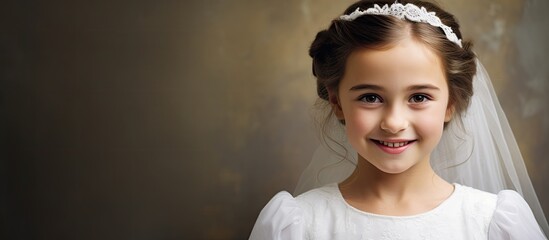 Young girl in white dress smiling during First Communion - obrazy, fototapety, plakaty