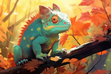 Raamstickers painting style landscape background, a chameleon in the forest © Yoshimura