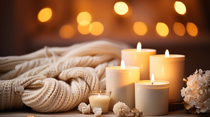 background home comfort, pastel colors of the interior burning candles the atmosphere of the winter holiday of Christmas