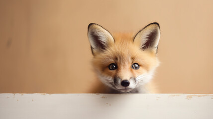 Obraz premium fox peeks out, on a smooth background in the studio