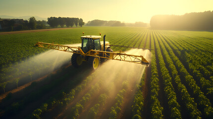 Tractor spraying pesticides on green soybean plantation at sunset, as seen from above, - obrazy, fototapety, plakaty
